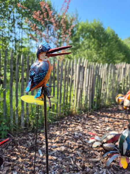 tuinsteker met ijsvogel, tuinprikker, kleurrijke vogel, birds of zimbabwe, tuinbeelden, unieke vogels, metaalkunst, beeldentuin wereldbeeld