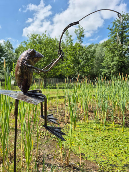 vissende kikker, tuinprikker, metaalkunst, wereldbeeld Hamme