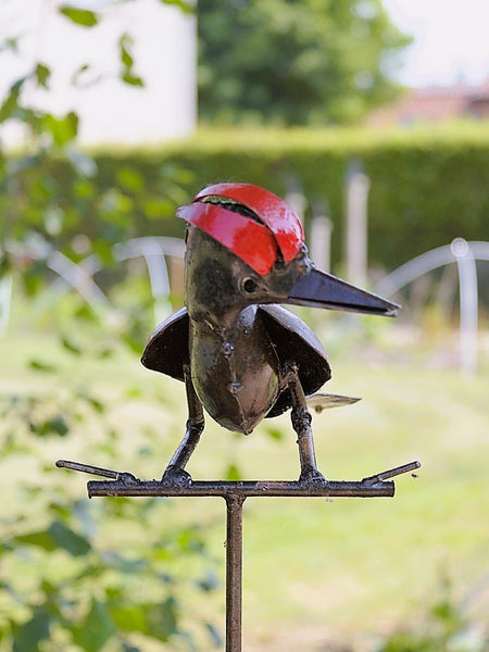 tuinprikker, specht, bonte specht in metaal, tuindecoratie, zimbabwe, wereldbeeld hamme, leuke vogels op steel,