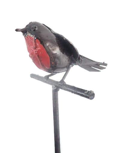 robin on stick, metal birds, metalen vogel op prikker, tuindecoratie, vogels van Zimbabwe