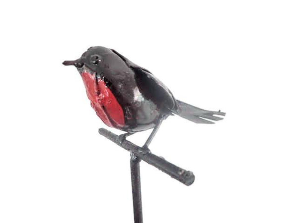 robin on stick, metal birds, metalen vogel op prikker, tuindecoratie, vogels van Zimbabwe