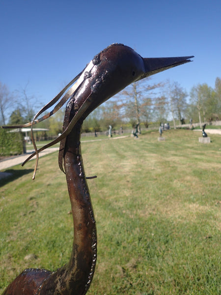 reiger detail, tuindeco in metaal, tuinbeeld van recyclage materiaal