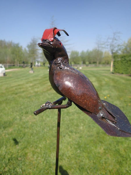 specht in metaal, op stok