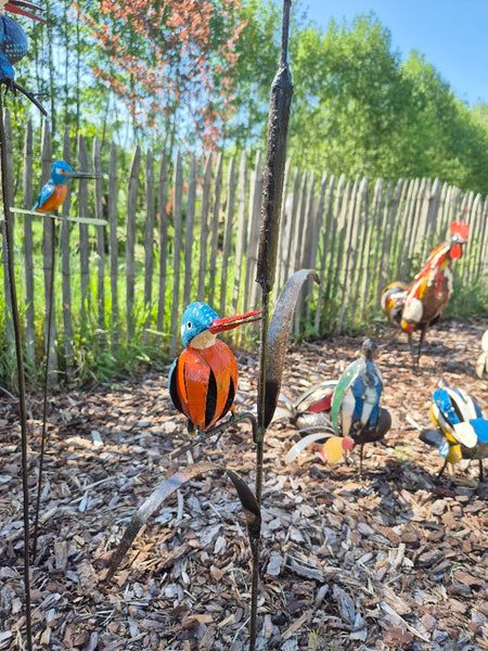 ijsvogel in metaal, op lisdodde, tuinsteker, tuinprikker, unieke tuindeco, wereldbeeld hamme, beeldentuin, tuinbeelden in metaal