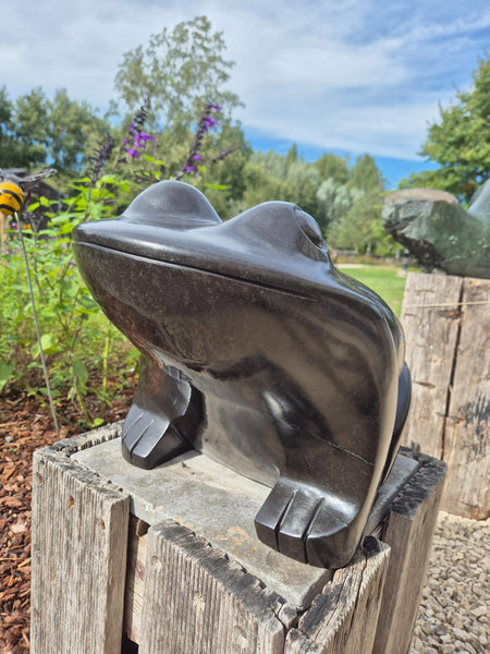 frog in stone, shona art zimbabwe, wereldbeeld sculpture garden, unique piece, garden art, stone statue for pond or swimming pool