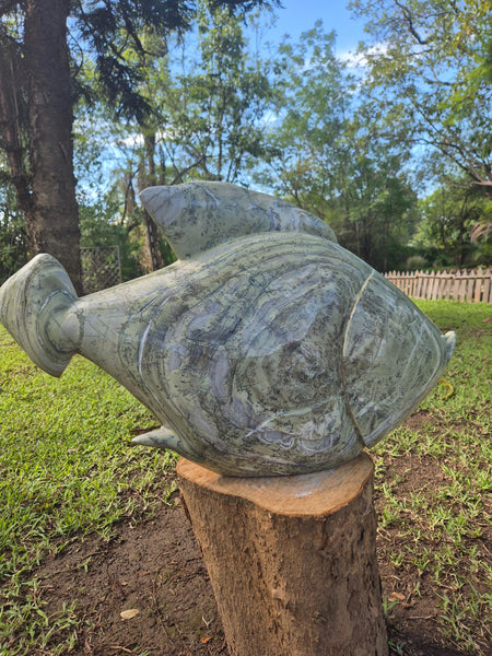 vis in steen, butterjade, unieke steensoort, wereldbeeld beeldentuin in hamme belgie, tuinbeelden en beelden voor binnen decoratie, ruime selectie