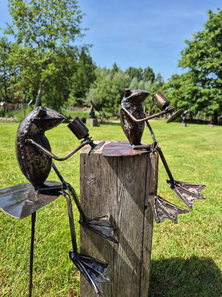 kikkers op tuinprikker met wijnglas.