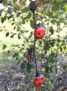 lieveheersbeestjes op tuinprikker, metaal kunst, tuinbeelden, tuindecoratie, gemaakt van recycled metaal, fair trade zimbabwe, wereldbeeld beeldentuin hamme