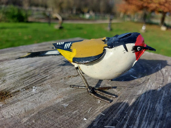 oranje vink, finch, vogeltjee in metaal, birds of Zimbabwe,, metal bird figurine, handcrafted in Zimbabwe, painted bird, metal recycled, oilbarrels, fair trade, metal art, uniqe gift