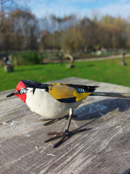 gele vink, finch, vogeltjee in metaal, birds of Zimbabwe,, metal bird figurine, handcrafted in Zimbabwe, painted bird, metal recycled, oilbarrels, fair trade, metal art, uniqe gift