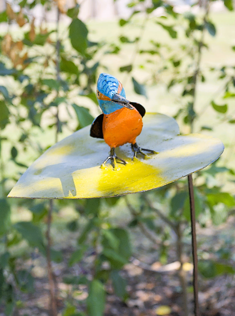 ijsvogel op blad, kingfisher, garden stick, green leaf, wereldbeeld sculpture garden