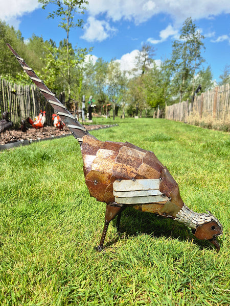 metalen tuinbeeld fazant, recyclage, wereldbeeld driegoten