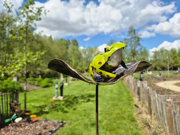 kikker op een lelieblad, gemaakt in metaal, unieke tuindecoratie