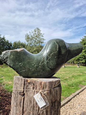 teckel dog in green opalserpentine, shona art, stephen murenza, garden art zimbabwe, stone statues, big collection in Hamme Belgium, visit our sculpture garden