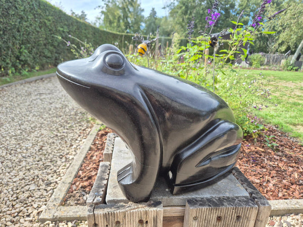 kikker in steen, shona kunst, stephen murenza, tuinbeeld, natuursteen, wereldbeeld driegoten, uniek beeld, standbeeld in steen, dikke kikker