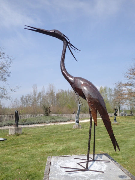 reiger in metaal, tuinbeeld, recycle art, heron in metal