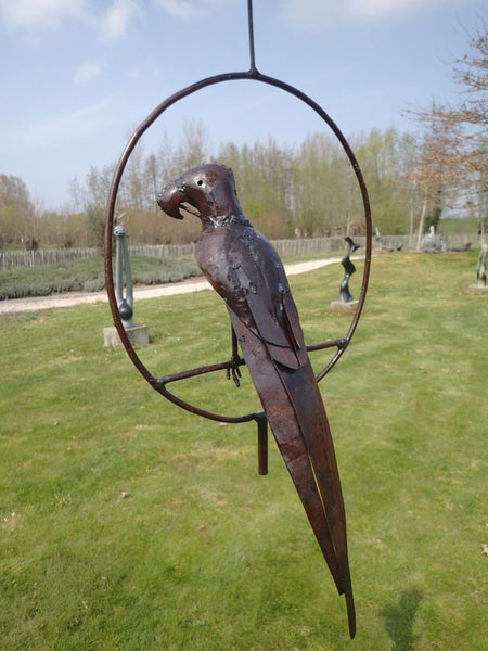 papegaai, zittend in ring, met bevestiging, metalen tuindecoratie